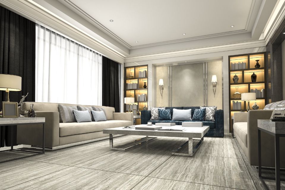 Bright living room with floor-to-ceiling windows and contemporary furnishings